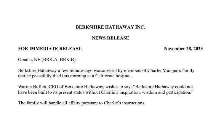 查理·芒格去世，巴菲特：没有他就没有今天的伯克希尔-哈撒韦
