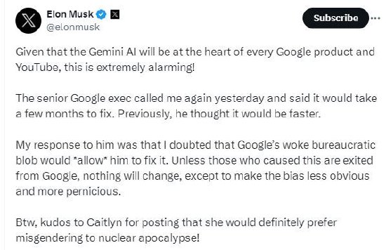 马斯克施压谷歌开除Gemini团队