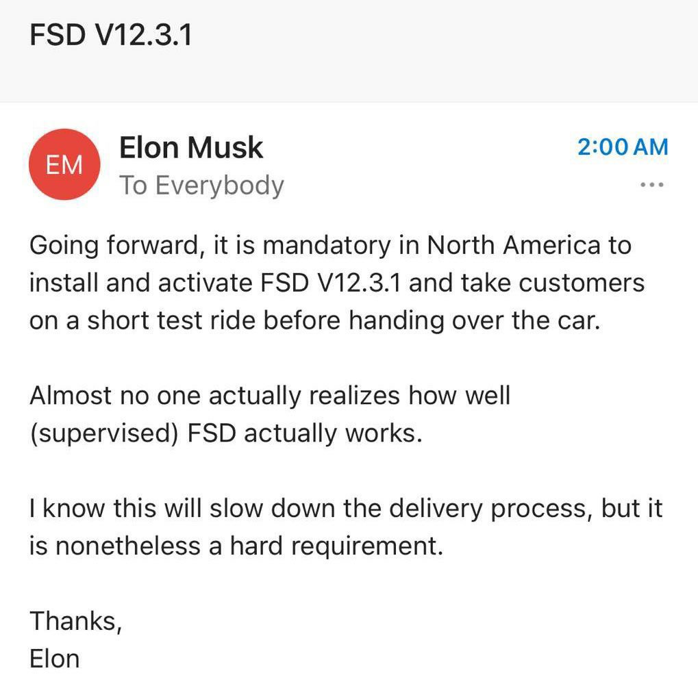 特斯拉北美新规：马斯克要求员工在交车前必须带客户体验 FSD 功能